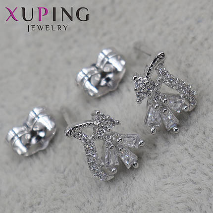 Серьги пуссеты гвоздики серебристого цвета размер 10х9 мм фирма Xuping Jewelry цветочек с белыми кристаллами, фото 1