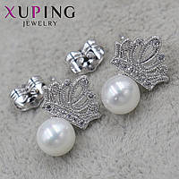 Серьги пуссеты гвоздики серебристого цвета размер 15х10 мм фирма Xuping Jewelry короны со стразами с жемчугом