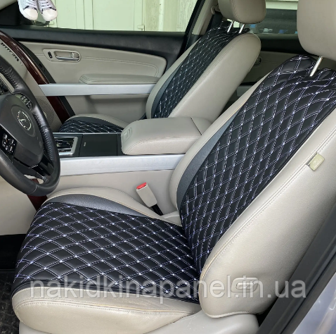 Накидка для авто з екошкіри, Чорна з подвійною білою строчкою, Стандарт, 1 передня, фото 1