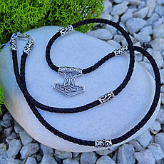 Срібний підвіс "Молот Тора" (Мйольнір) та шнурок з різьбленими вставками 925° проби 60 см, фото 3