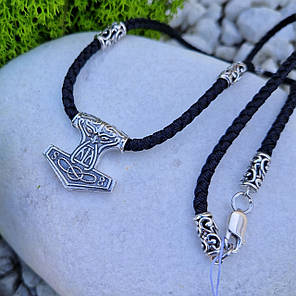 Срібний підвіс "Молот Тора" (Мйольнір) та шнурок з різьбленими вставками 925° проби 60 см, фото 2