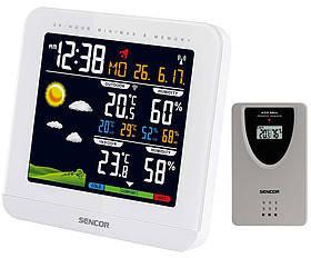 Sencor Метеостанція, внутр/зовн вимірювання, темп-ра, вологість, час, прогноз погоди, білий