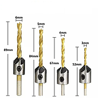 Комплект свёрл по дереву с зенкером ( 4 штуки , 3 / 4 / 5 / 6 / мм ) Domast