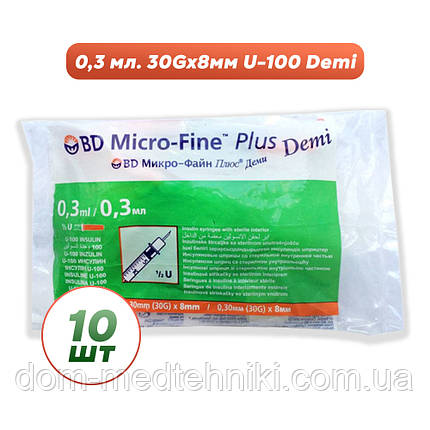 Шприц інсуліновий BD Micro-Fine Plus Demi 0,3 мл*8мм (10 шт.), фото 1