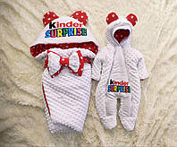Зимний комплект одежды для новорожденных, принт Киндер, белый с красным