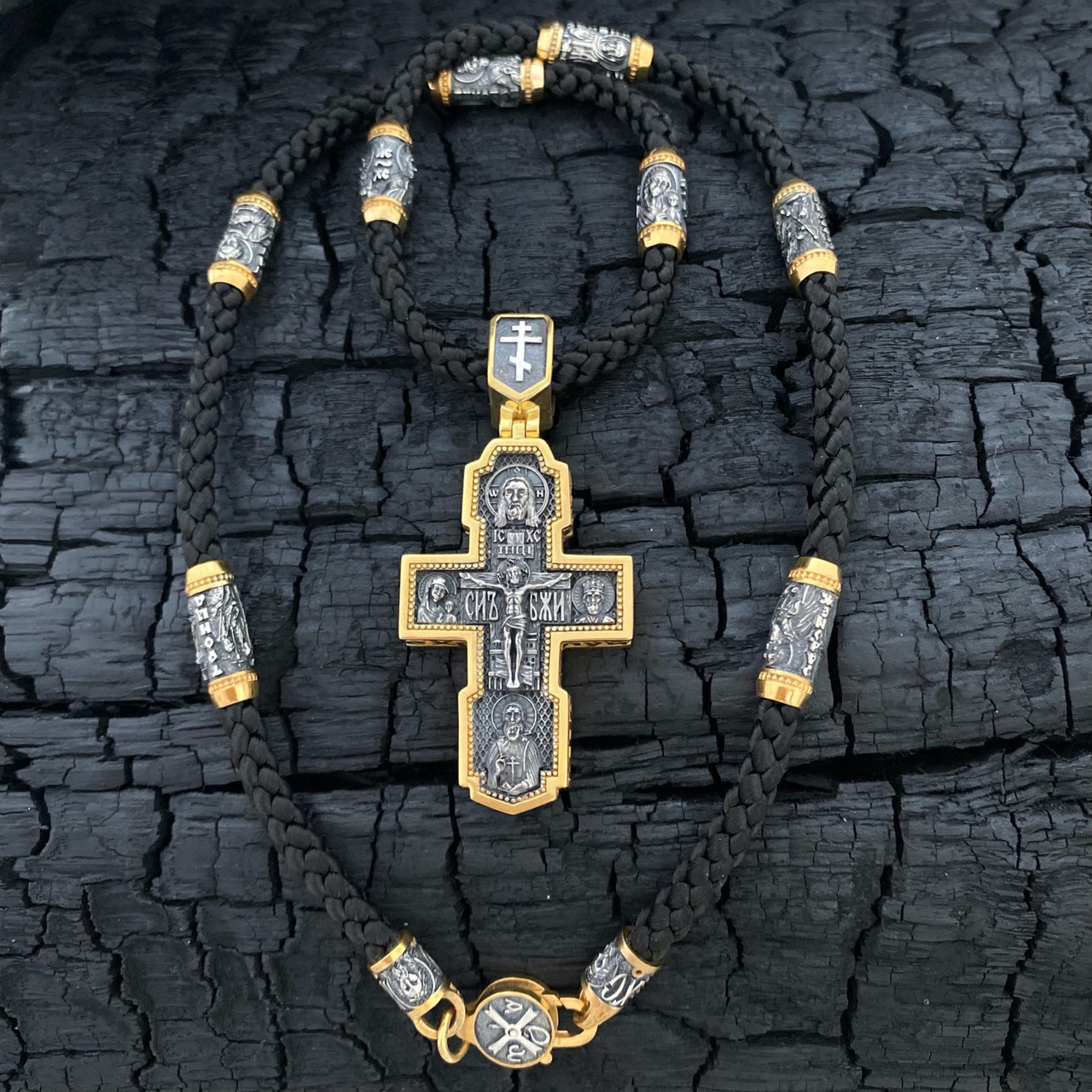 Позолочений комплект (хрест + шовковий шнурок зі вставками), фото 1