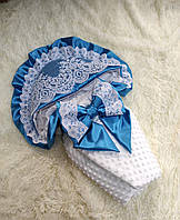 Нарядный плюшевый зимний конверт - одеяло на выписку "Кружево" белый с синим