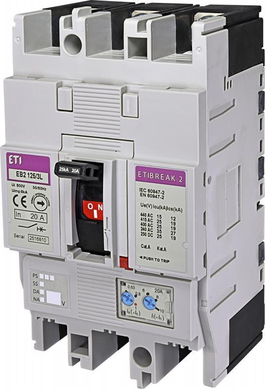 ETI Автоматичний вимикач EB2 125/3L 20A (25kA, (0.63-1) In/(6-12) In) 3P