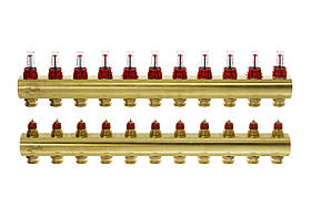 Розподільний колектор Danfoss FHF-F, 11+11 контурів, з ротаметрами, латунь