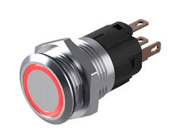 Кнопка металева без фіксації, ударостійка, монтаж в Ø19 мм, IP65, під fast-on, з підсвіткою червоний, 24 VDC