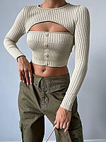 Жіноча коротка кофта з вирізом на грудях і ґудзиками з довгими рукавами (р. 42-46) 77043151