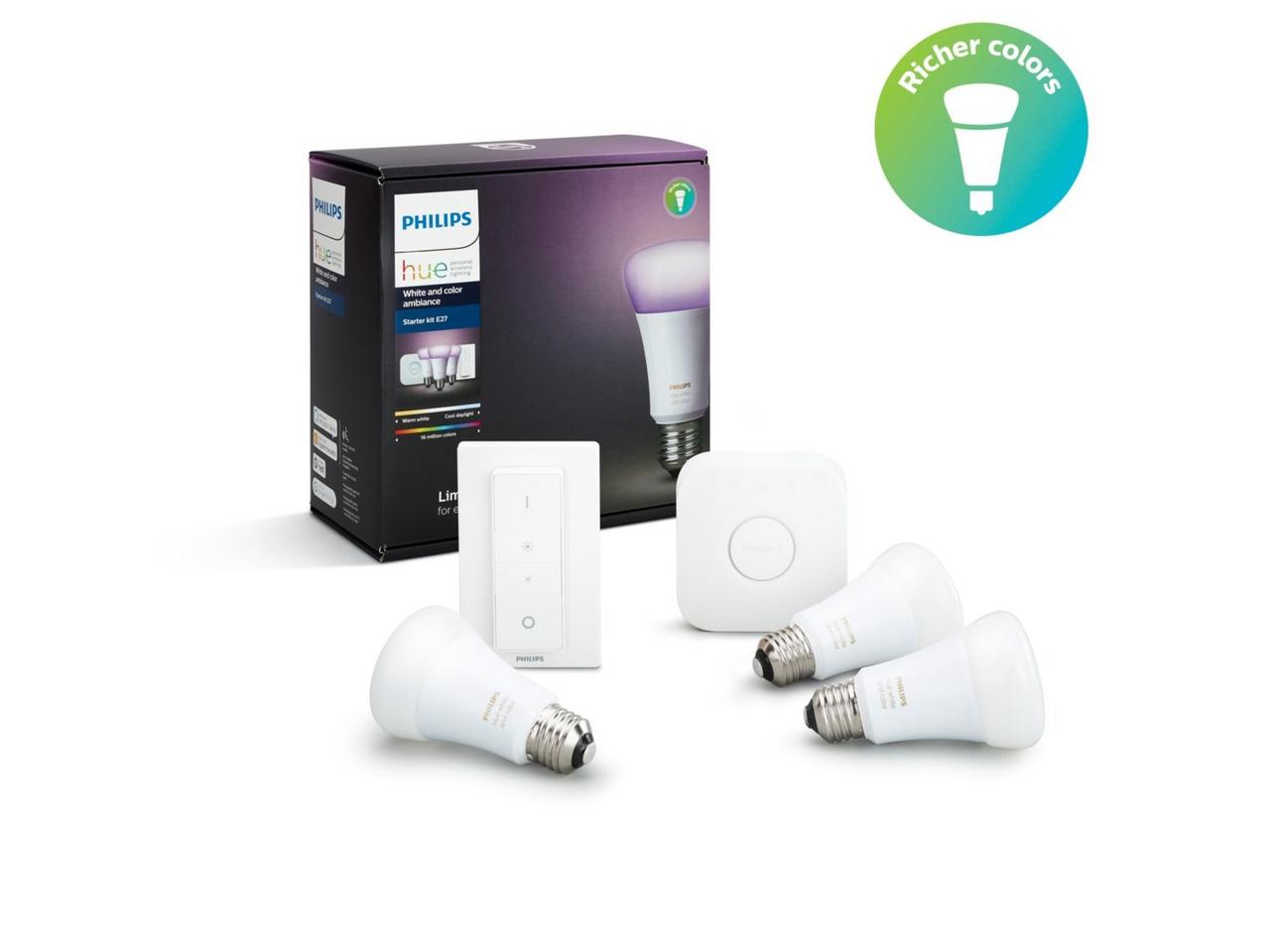 Philips Hue Стартовый Комплект Color (Bridge, Dimmer, Лампа E27 3шт ...