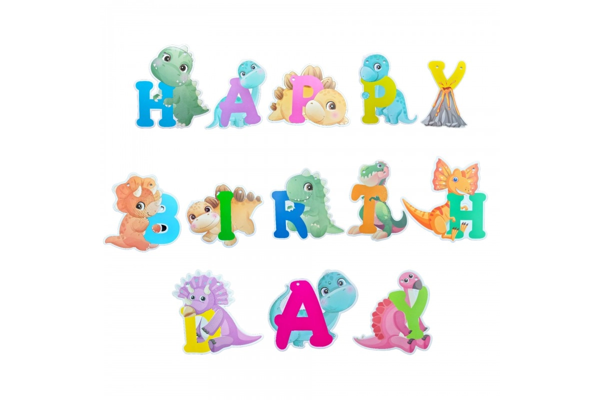 Паперова гірлянда вивіска Happy Birthday динозаврики дитячі