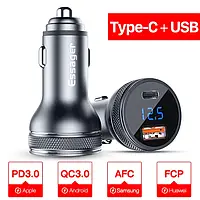 Автомобильное зарядное устройство с вольтметром Essager Quick Charge 3.0 Dual USB + Type-C 36W быстрая зарядка