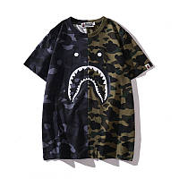 Футболка Bape Shark чёрно-зелёная мужская женская унисекс с камуфляжем