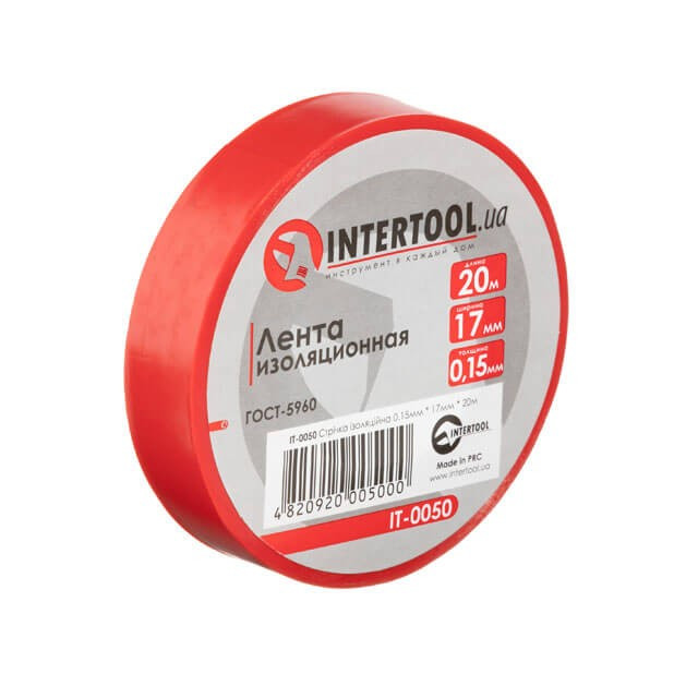 Стрічка ізоляційна 0.15 мм*17 мм*20 м червона INTERTOOL IT-0050 mst, фото 1