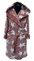 Теплый женский домашний халат миди с капюшоном принт звезда