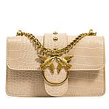Жіноча класична сумка рептилія на ланцюжку крос-боді через плече з пташками бежева, фото 6