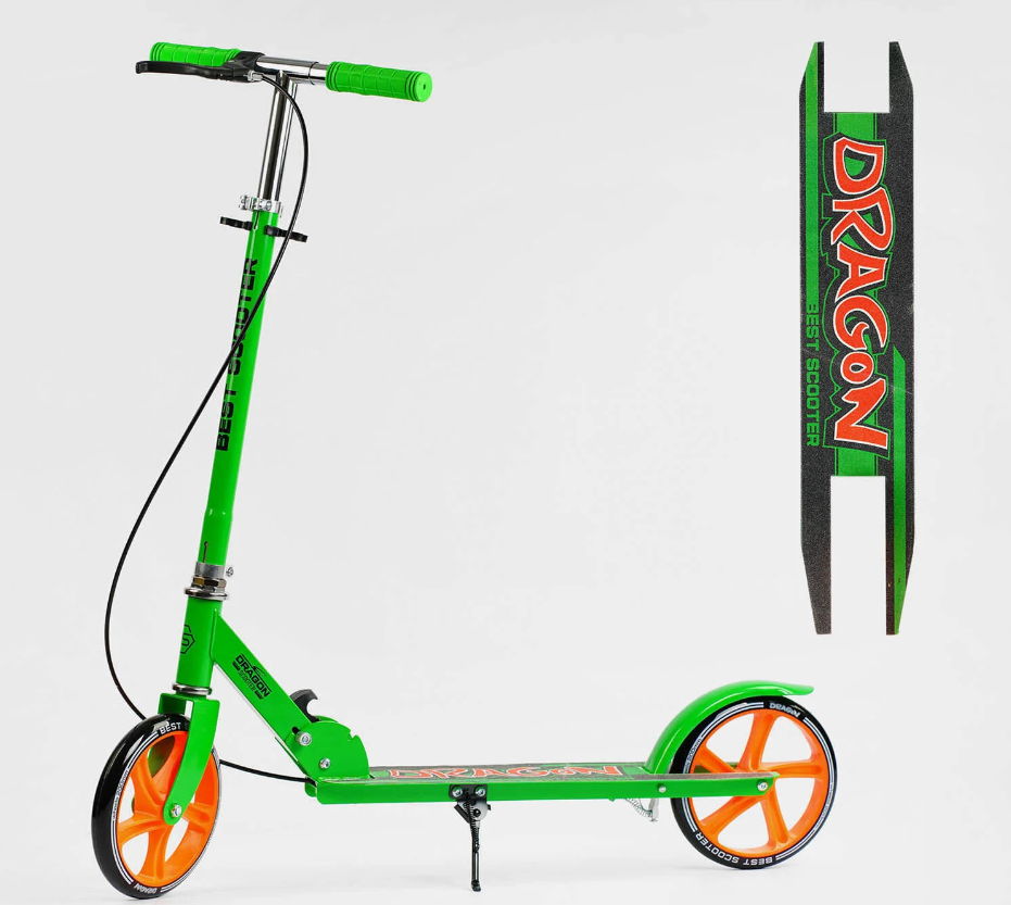 Самокат двоколісний Best Scooter Dragon салатовий сталева рама колеса PU 200мм ручне гальмо грипси гумові