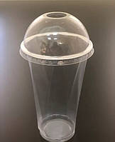 Стакан одноразовый ПЭТ 400 мл пластиковый с купольной крышкой фигурный для коктейлей