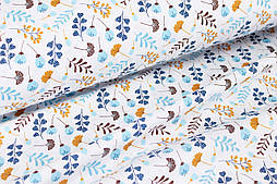 Бавовняна тканина " Квіти та листочки "  голубого, гірчичного, коричневого кольору на білому тлі № Е-1274