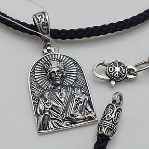 Комплект срібна чорнена підвіска Микола Чудотворець на шовковому шнурку 925 проба
