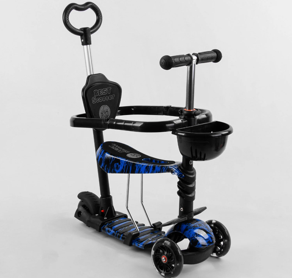 Самокат 5 в 1 Best Scooter синій із захисним бампером та батьківською ручкою колеса PU з підсвічуванням