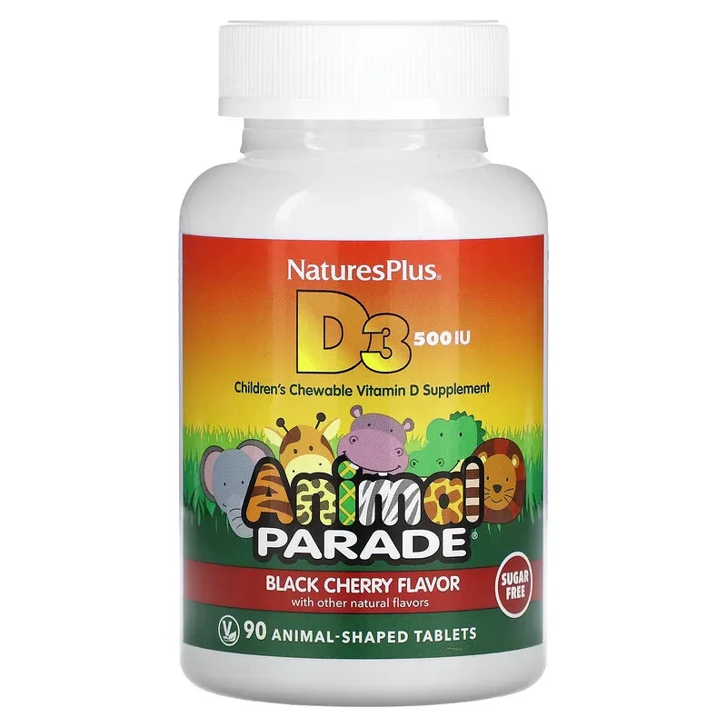 NaturesPlus, Source of Life, Animal Parade, вітамін D3, з натуральним вишневим смаком, без цукру, 12,5 мг (500 МО), 90 таблеток у