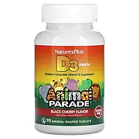 Nature's Plus, Source of Life, Animal Parade, витамин D3, без сахара, вкус черешни, 500 МЕ, 90 таблеток