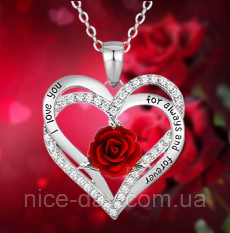 Стильный кулон подвеска Красная роза в сердце цвет серебро - фото 1 - id-p1767440360