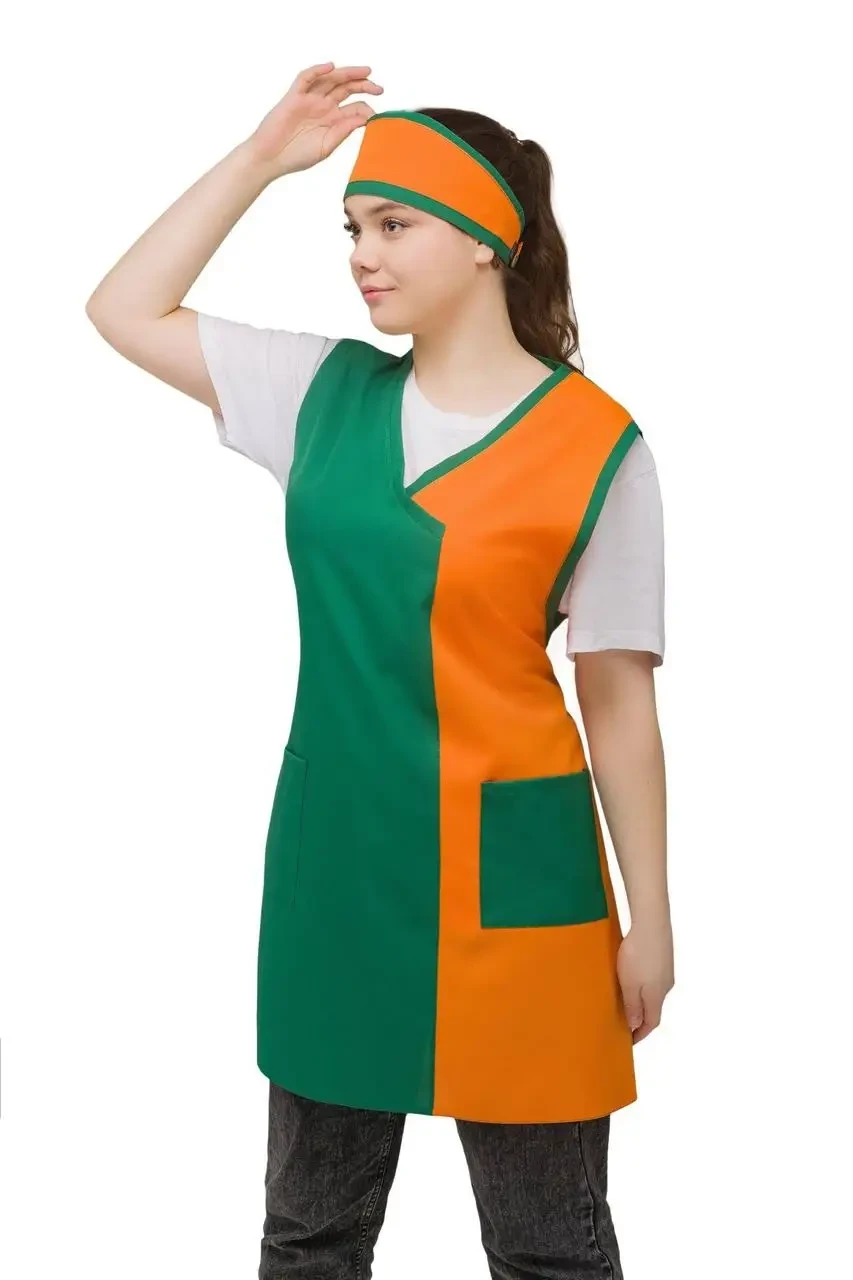 Набір фартух подвійний для продавця касира прибиральниці і головний убір з габардину зелений, фото 1
