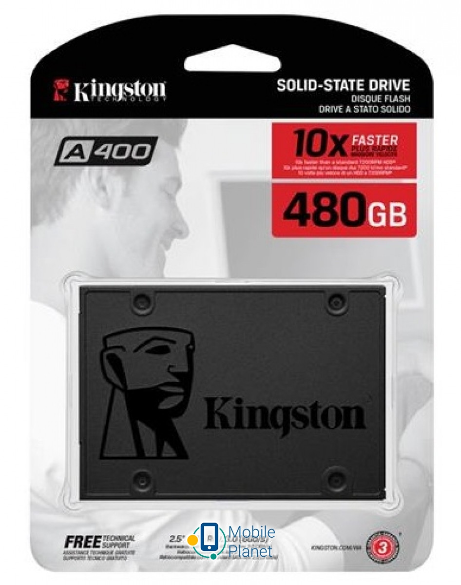 Твердотільний накопичувач 480Gb, Kingston SSDNow A400, SATA3, 2.5", TLC, 500/450 MB/s (SA400S37/480G)