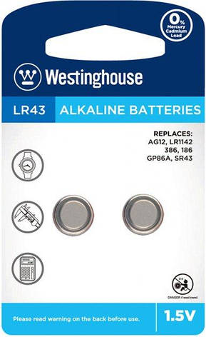 Батарейка Лужна Westinghouse Alkaline таблетка LR43 1.5 V 2шт/уп blister, фото 1