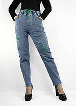 Джинси МОМ на гумці Жіночі стильні джинси з потертостями розміри 25-30 Зелені виворіт, фото 2