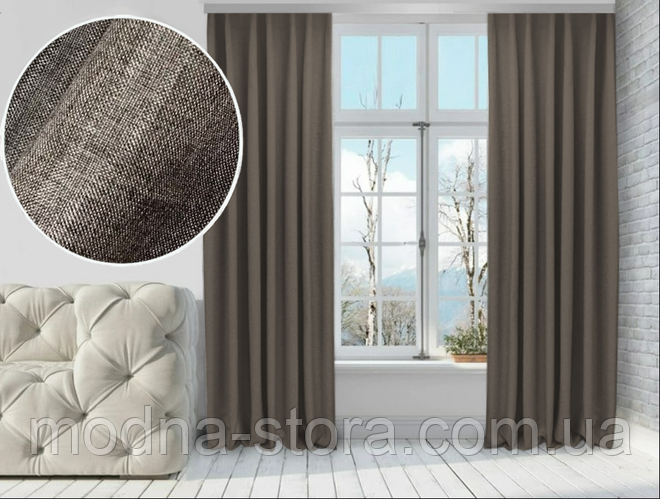 Комплект шторы лен мешковина. Цвет коричнево-бежевый. Готовые шторы в ...