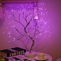 Світильник-нічник "Дерево Бонсай" срібного кольору з фіолетовим LED підсвічуванням, настільна лампа для дому