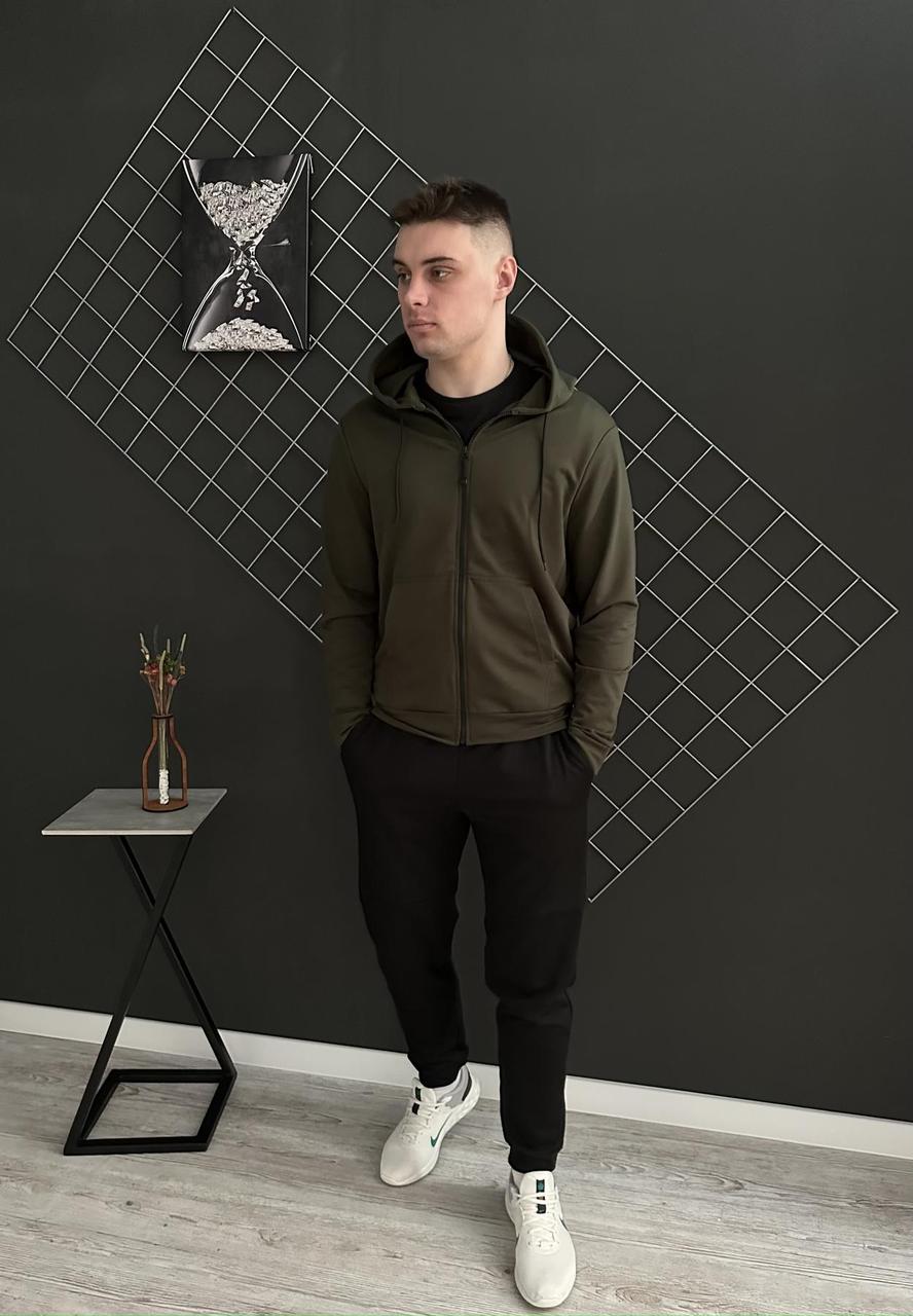 Демісезонний базовий спортивний костюм кофта на змійці хакі + штани (двонитка)