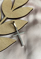 Срібний кулон у вигляді хреста, з полосочкою золота, всипаний мілкими камінцями, родований
