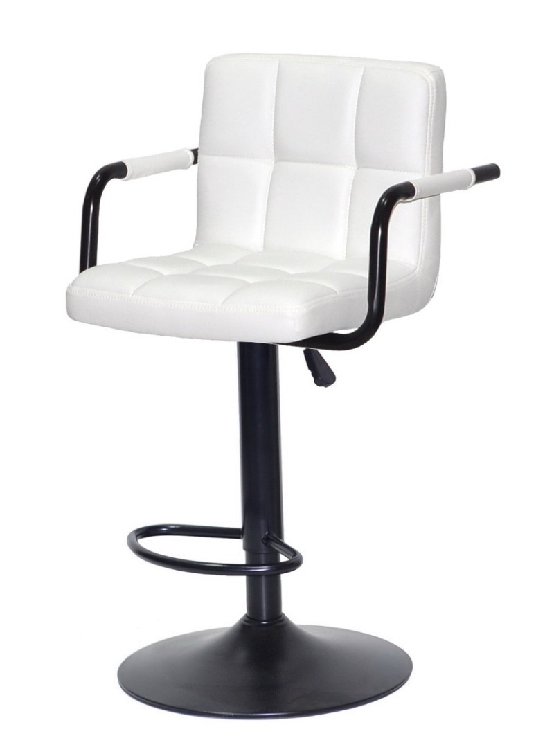 Барний стілець із підлокітниками Arno Bar BK — Base білий на чорній базі з підніжкою, з регульованою висотою