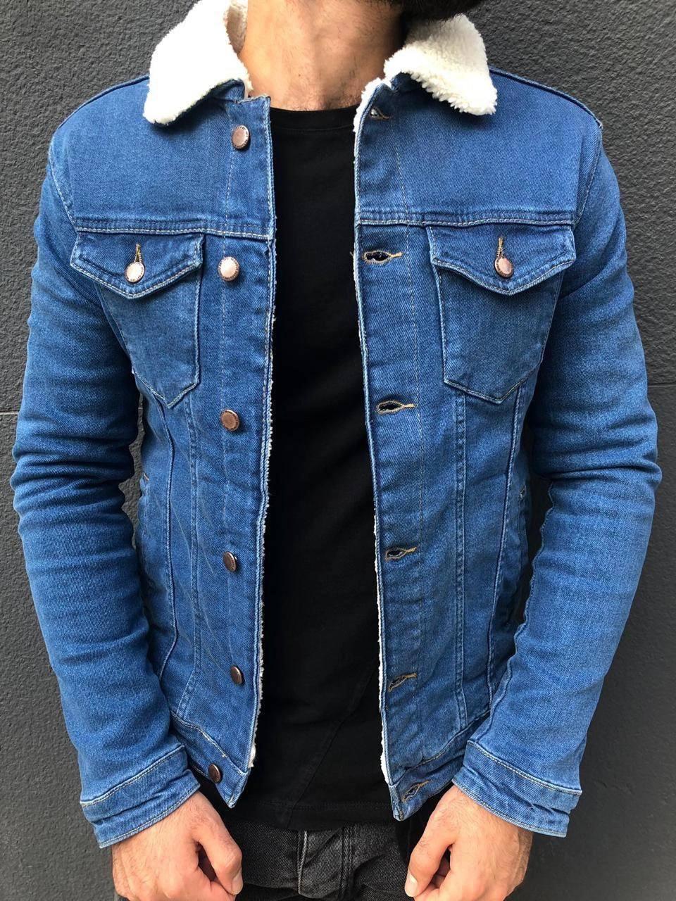 Куртка джинсова чоловіча на овчині синя з хутром Туреччина повсякденна весна осінь джиносівка, фото 1