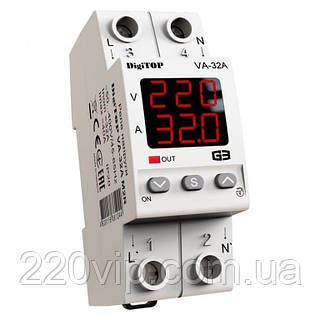 Реле напряжения DigiTOP VA-32A M2R с контролем тока, реле и защиты перенапряжения Диджитоп, отсекатель, барьер