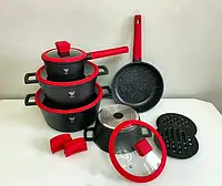 Набор посуды кованый Top Kitchen TK-00019 с мраморным покрытием на 16 предметов Черный с красным