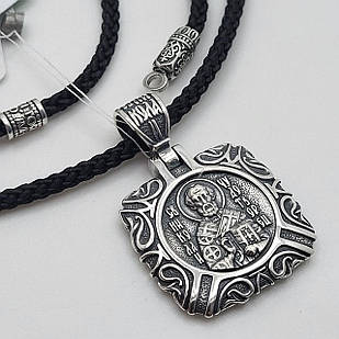 Комплект чорнена срібна підвіска Микола Чудотворець з шовковим шнурком на шию 925 проба