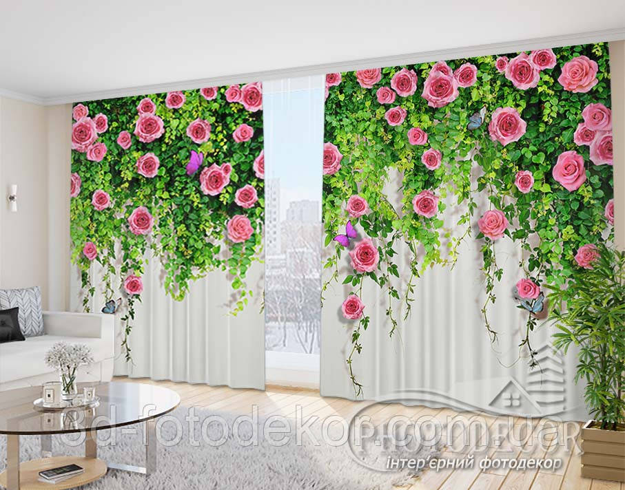 Фото Штори "3D Троянди на стіні" 2,7м*5,0м (2 полотна по 2,50м)