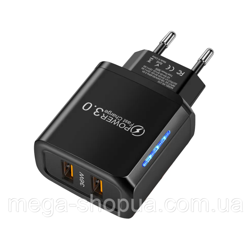 Мережевий зарядний пристрій для швидкого Заряджання 2 port USB QC3.0 WED-45B. Зарядний блок Заряджання для телефона