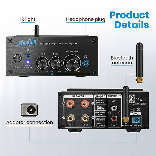 Moukey Audio Amplifier 2-канальный Bluetooth 5.0, мини-ресивер ...