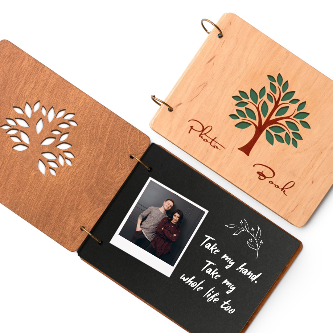 Альбом для фотографій дерев'яний/ фотоальбом на подарунок  /  крафтбук "дерево з листям"