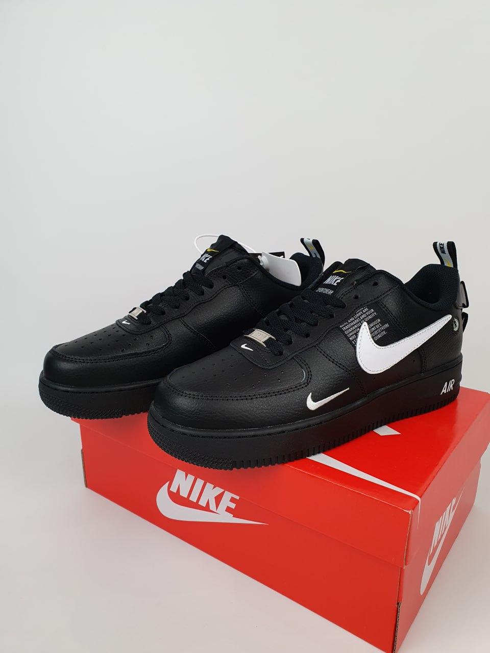 Купить Кроссовки кожаные мужские Nike Air Force Black черные с белым ...