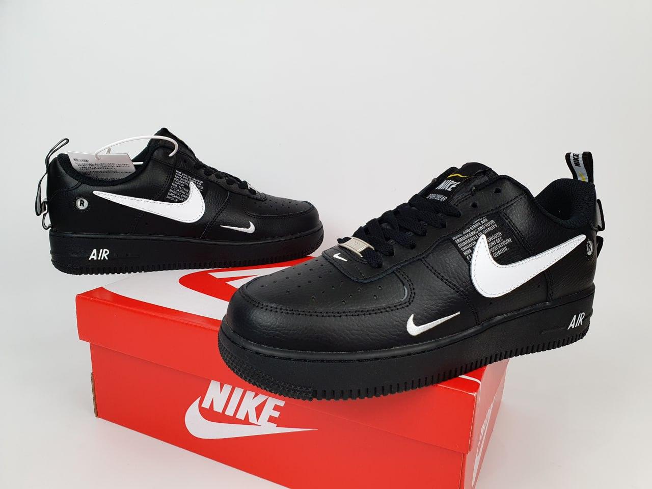 Купить Кроссовки кожаные мужские Nike Air Force Black черные с белым ...