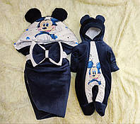 Велюровый комплект для новорожденных зимний, принт Микки Маус, синий